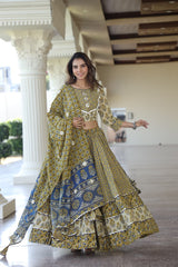 Elegant Mustard & Blue Bagru Block Print Cotton Lehenga with Blouse and Dupatta