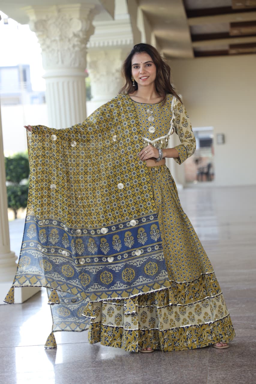 Elegant Mustard & Blue Bagru Block Print Cotton Lehenga with Blouse and Dupatta