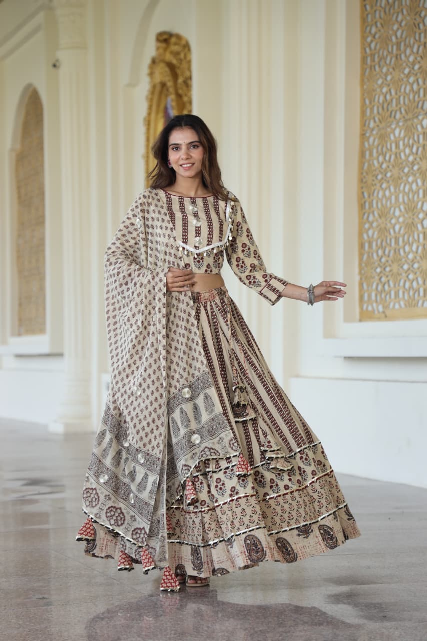 Bagru Hand Block Printed Cotton Designer Blouse & Skirt/Lehanga Set with Mulmul Dupatta