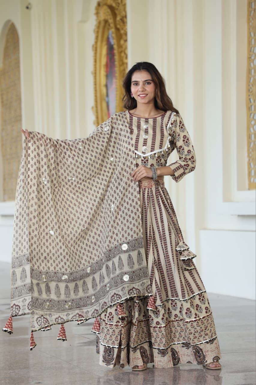 Bagru Hand Block Printed Cotton Designer Blouse & Skirt/Lehanga Set with Mulmul Dupatta