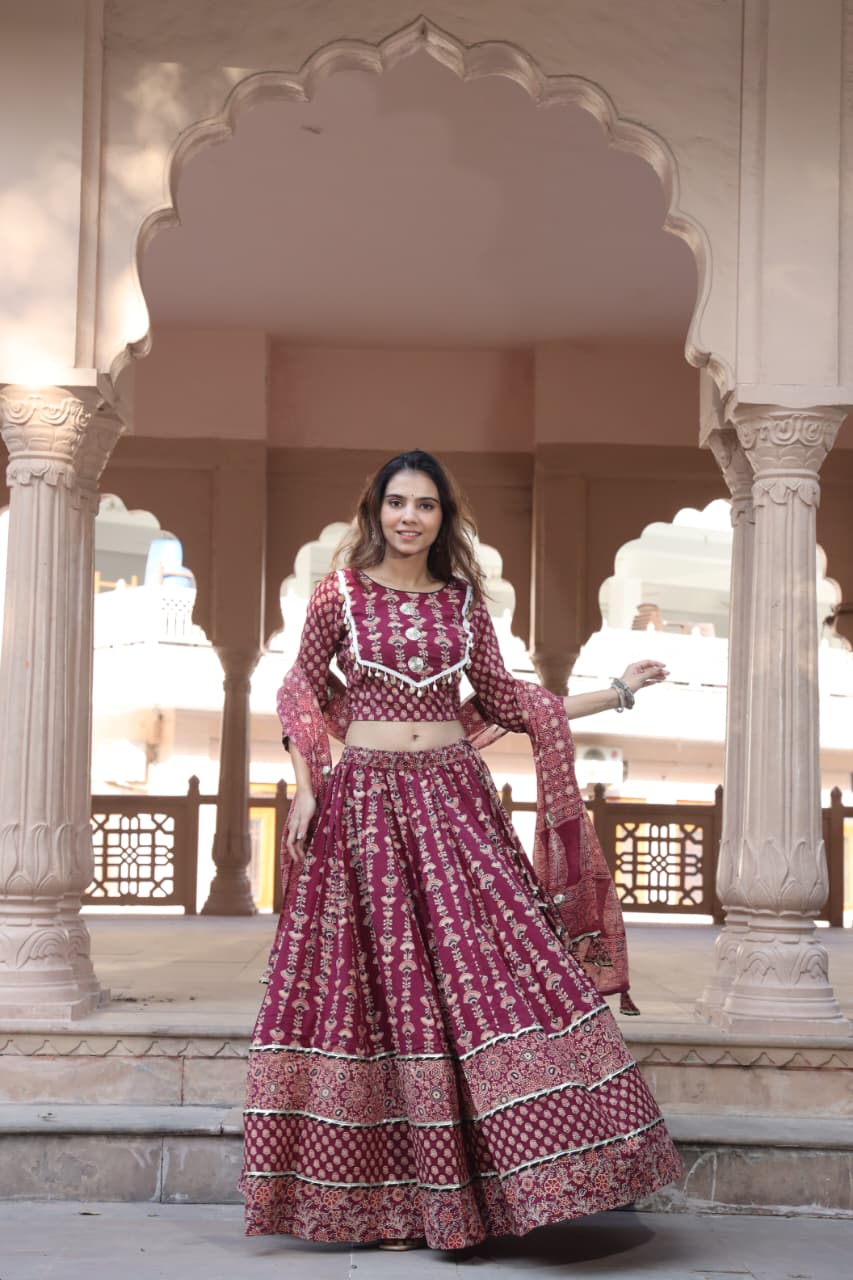Traditional Bagru Hand Block Printed Designer Maroon Lehenga/Skirt Set – With Dupatta & Blouse