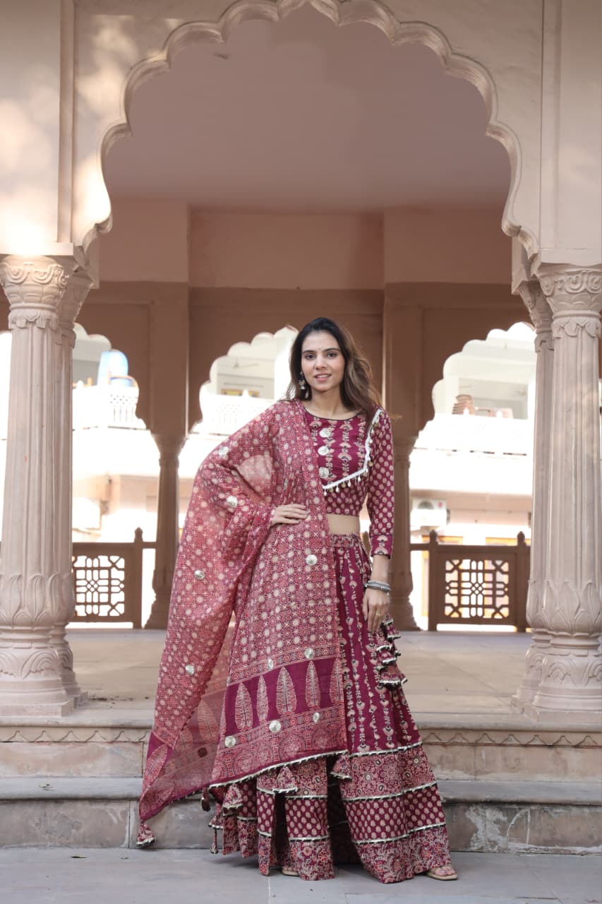 Traditional Bagru Hand Block Printed Designer Maroon Lehenga/Skirt Set – With Dupatta & Blouse