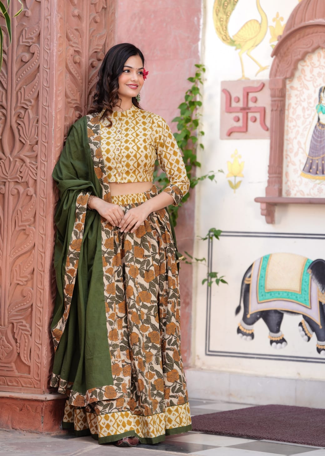 Olive Green & Mustard Bagru Hand Block Printed Full Flair Long Skirt With Top & Mulmul Dupatta