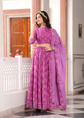Purple Bagru Hand Block Printed Full Flair Long Skirt With Top & Mulmul Dupatta