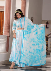 Sky Blue & White Bagru Hand Block Printed Designer Full Flair Long Skirt With Top and Mulmul Dupatta
