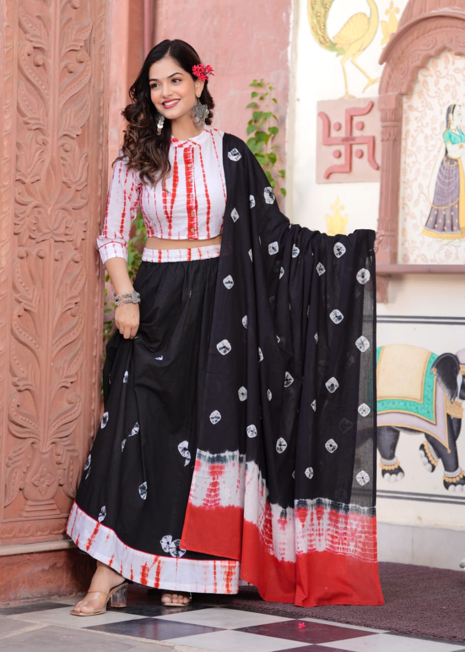 Black & Red Bagru Hand Block Printed Designer Full Flair Long Skirt Set With Top and Mulmul Dupatta