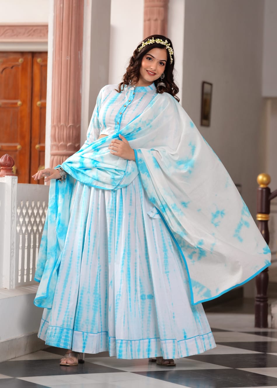 Sky Blue & White Bagru Hand Block Printed Designer Full Flair Long Skirt With Top and Mulmul Dupatta
