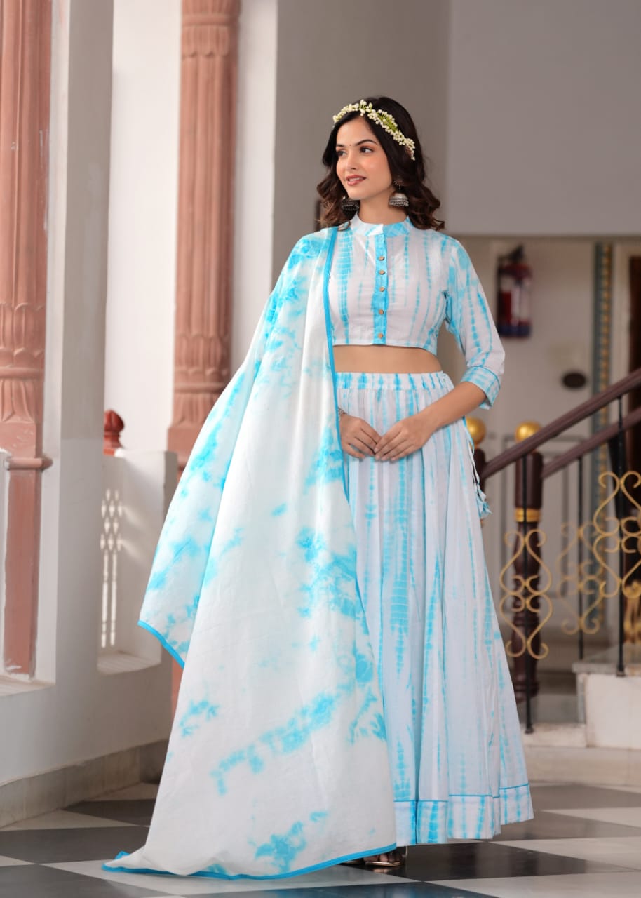 Sky Blue & White Bagru Hand Block Printed Designer Full Flair Long Skirt With Top and Mulmul Dupatta