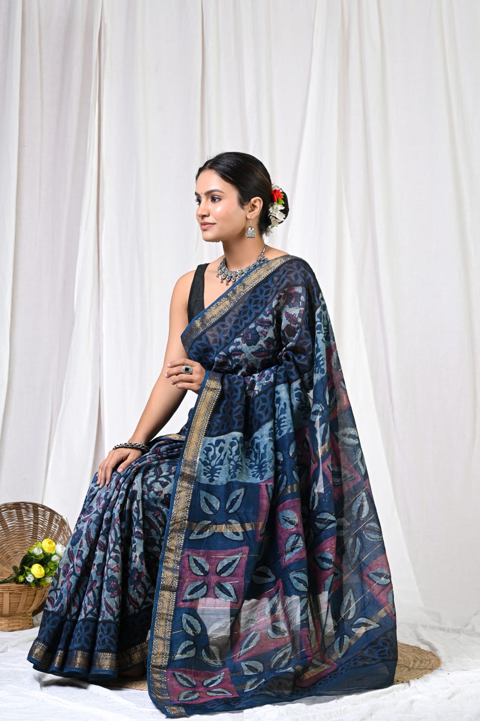 Exclusive Maheshwari Silk Saree – Hand Block Printed Elegance