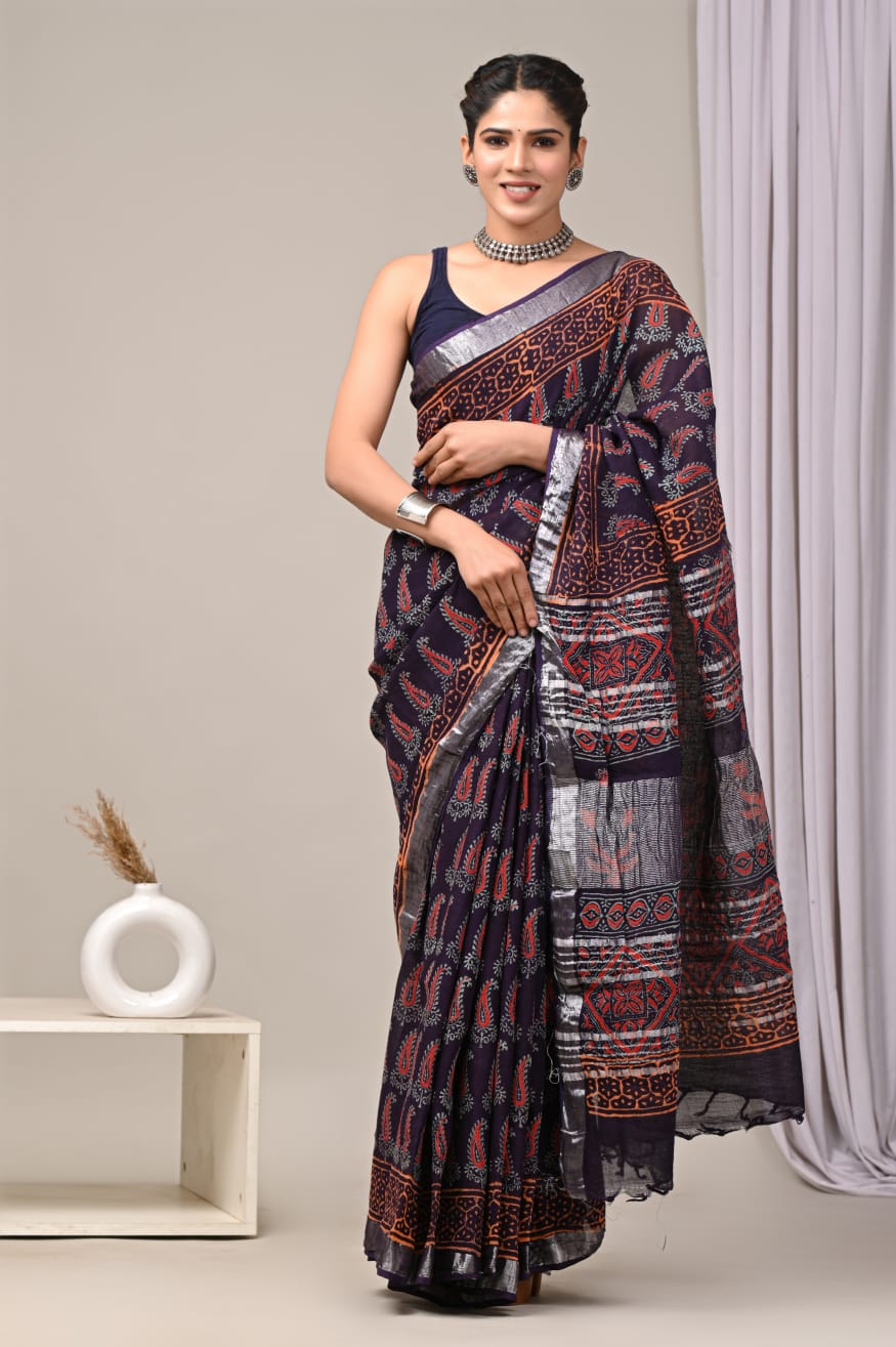 Linen Saree | Classic Indian Hand Block Print