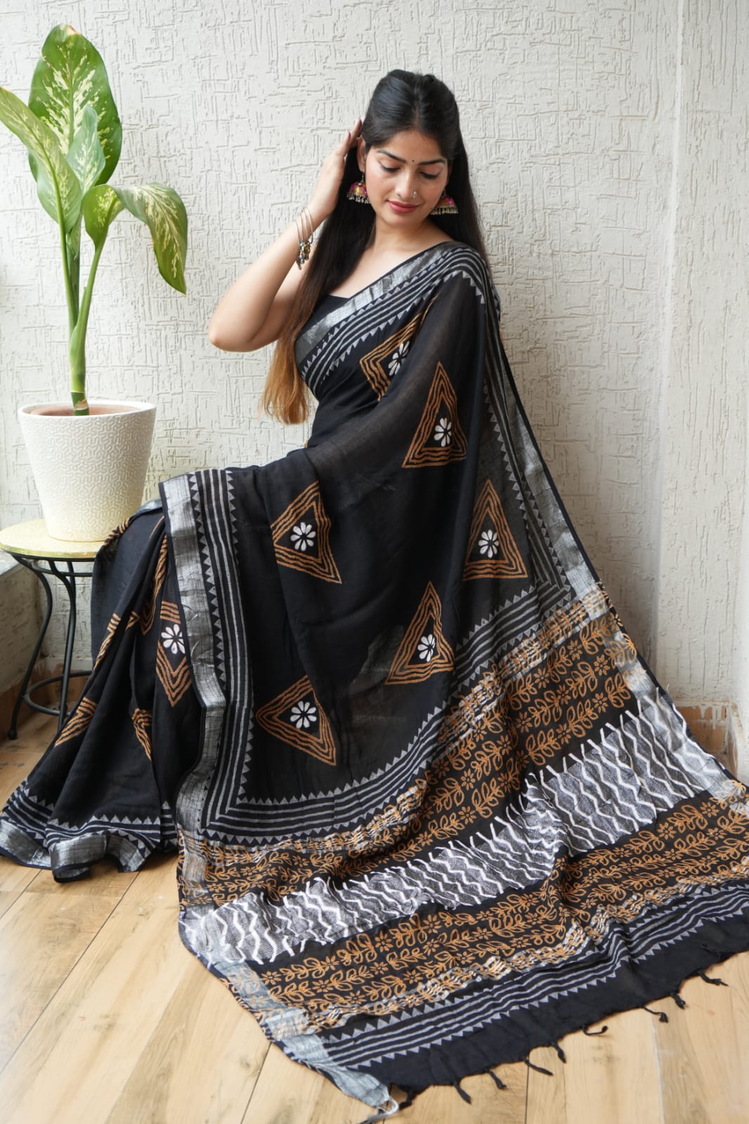 Linen Saree | Pure Hand Block Printed with Blouse Piece