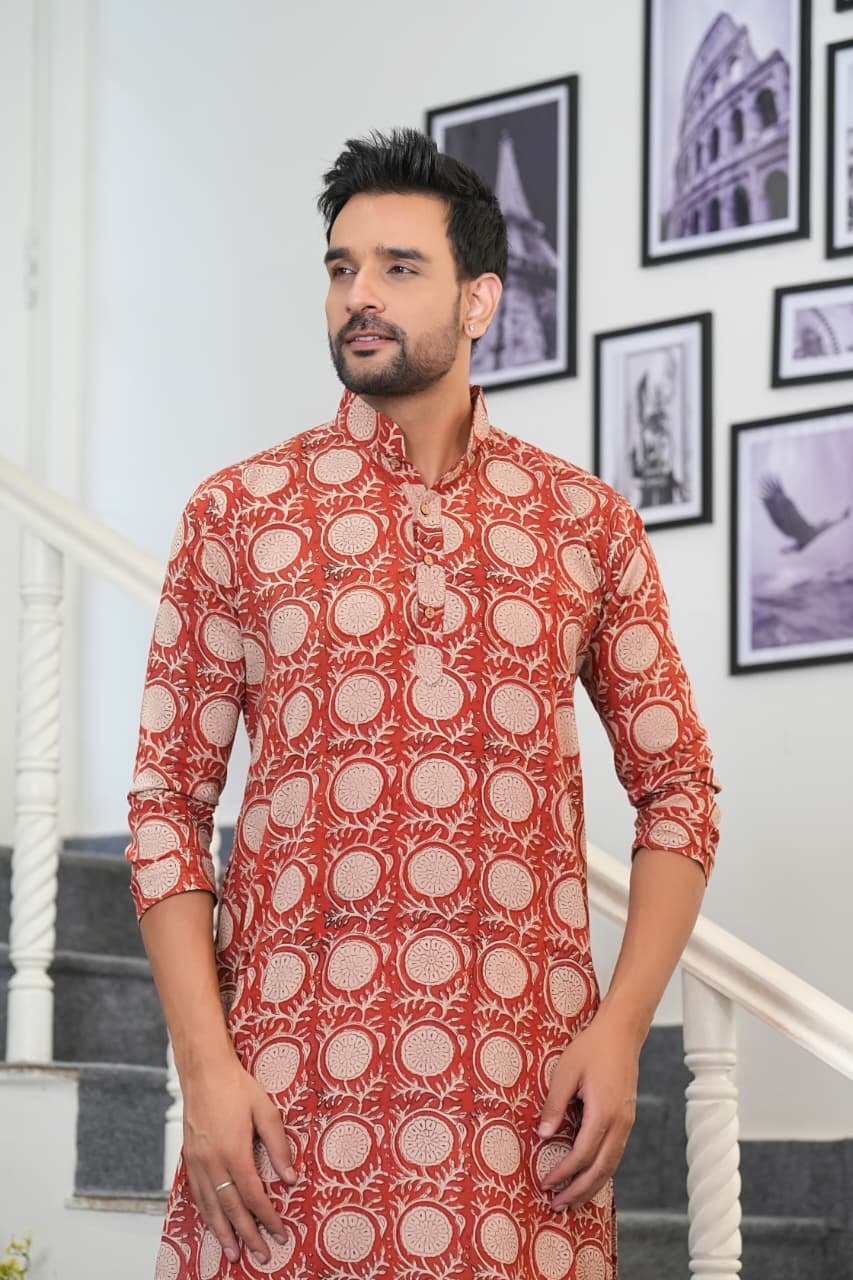 Premium Pure Cotton Men's Hand Block Printed Men's  Kurta