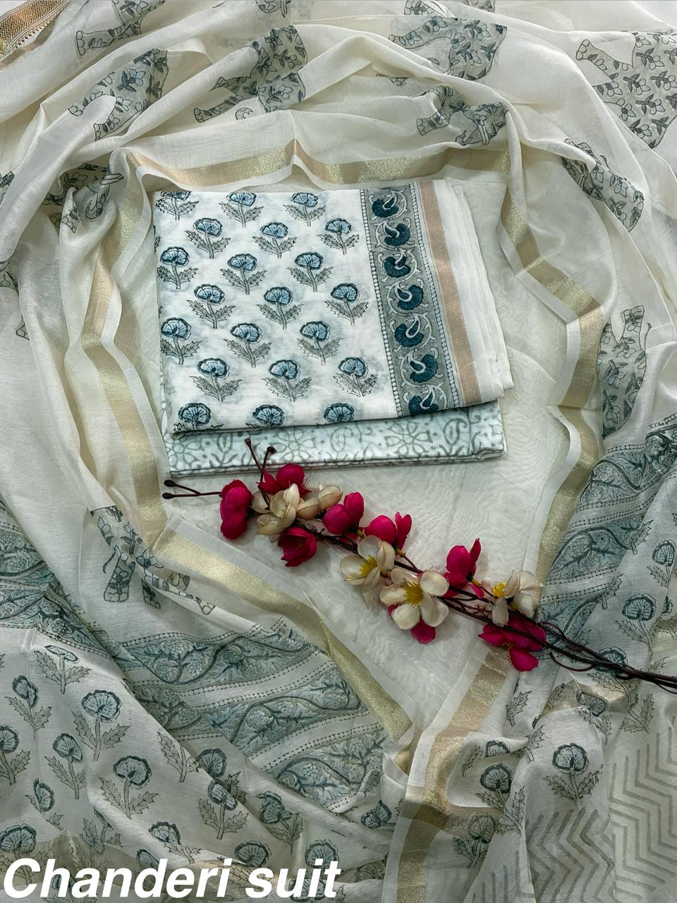 Exclusive Chanderi Silk Suit Hand Block Printed Dress Material