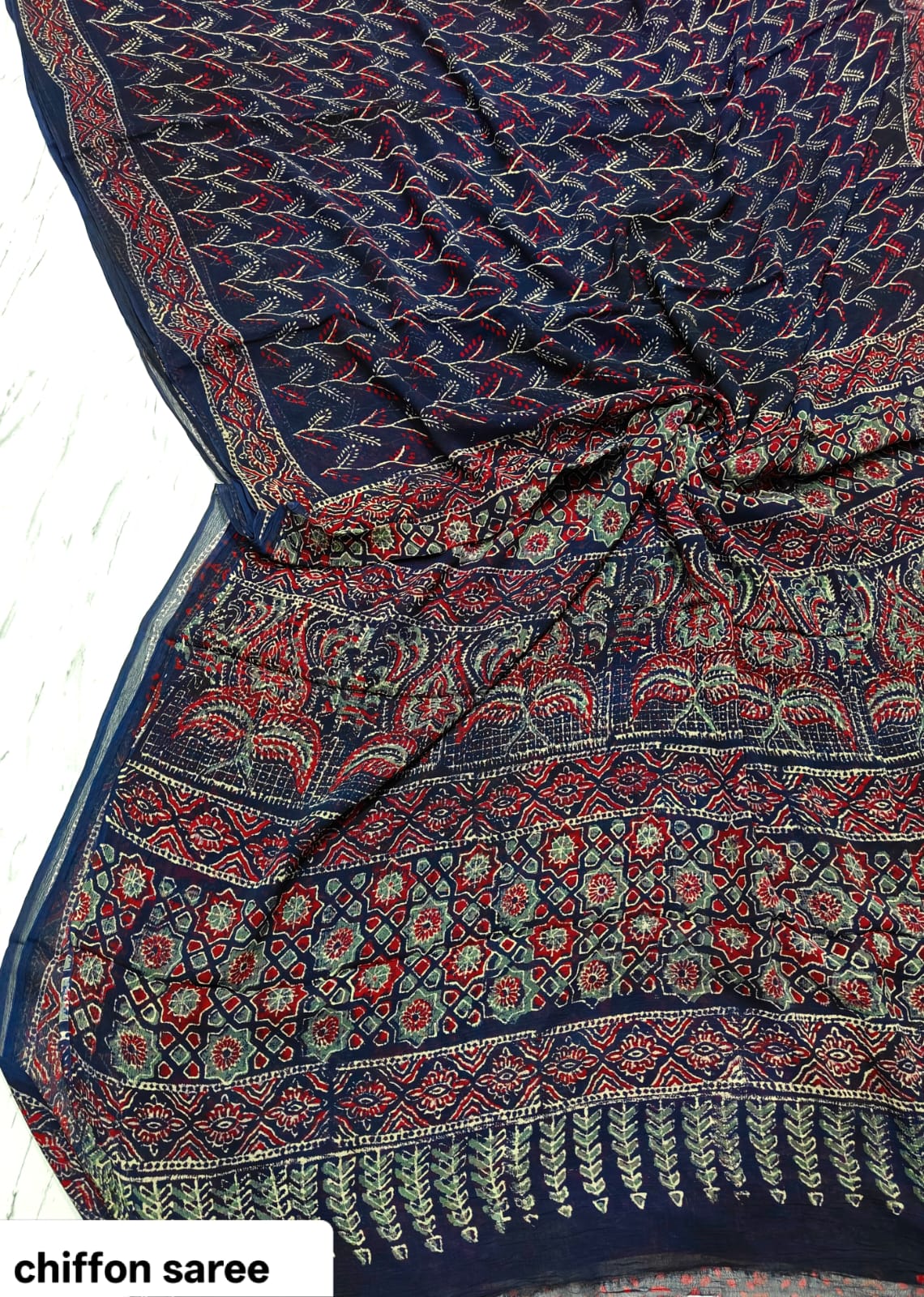 Double Diamond Chiffon Saree – Designer Hand Block Print Premium Saree