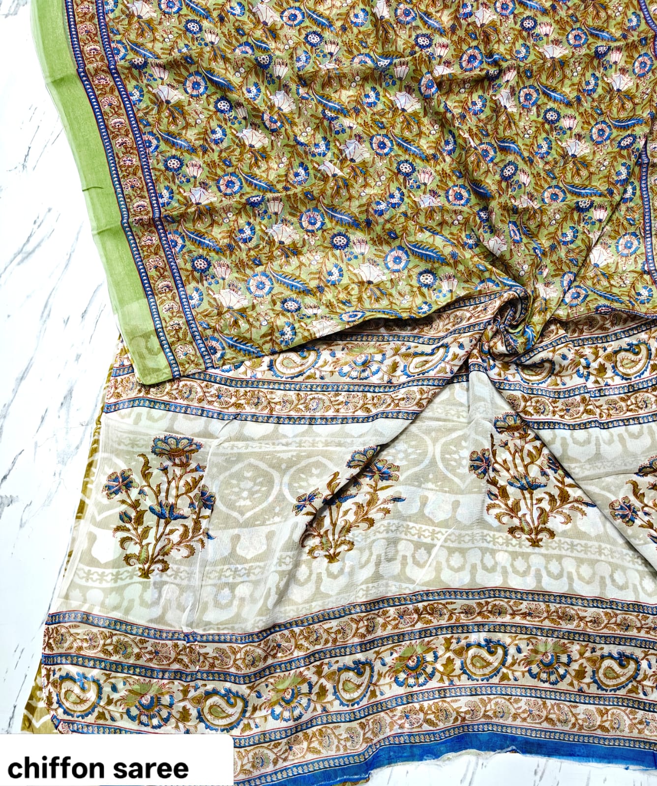 Double Diamond Chiffon Saree – Premium Hand Block Printed Saree with Blouse