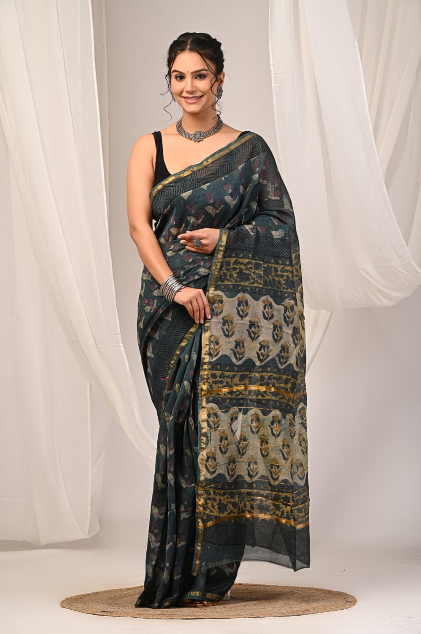 Pure Chanderi Silk Saree | Hand Block Printed Beauty