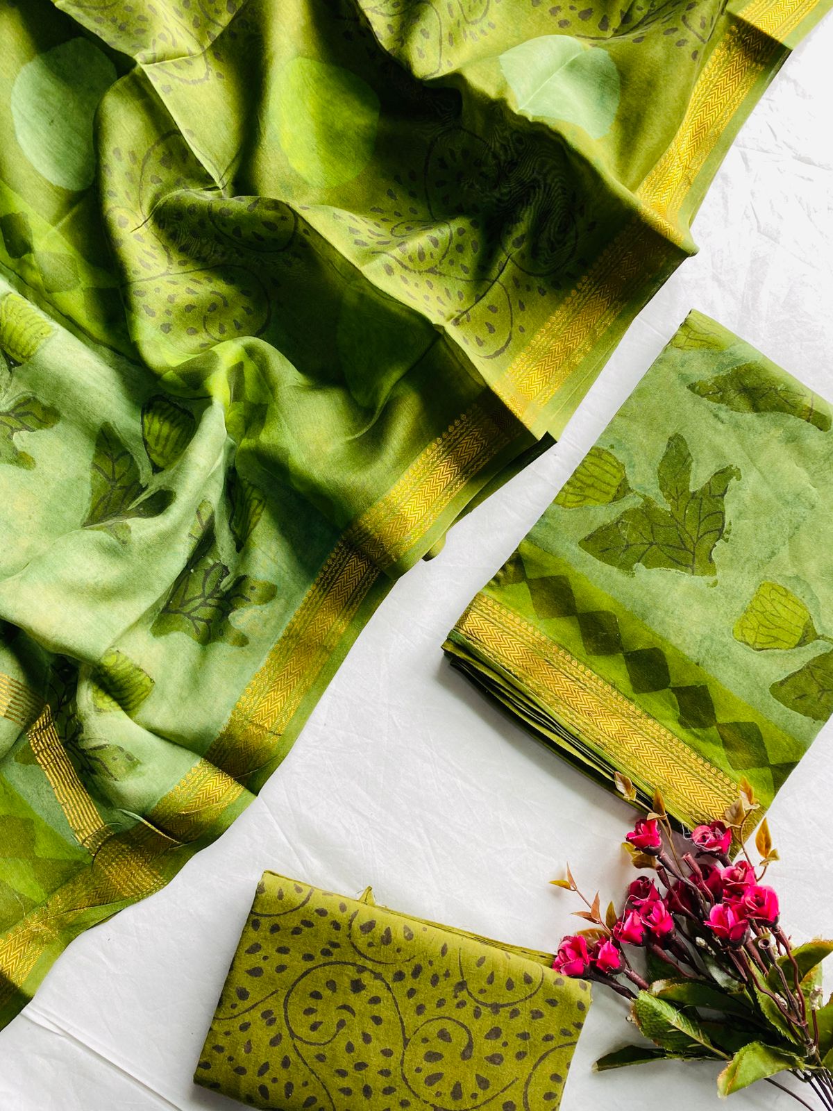 Designer Maheshwari Suit with Elegant Ajrakh Hand Block Print & Dupatta