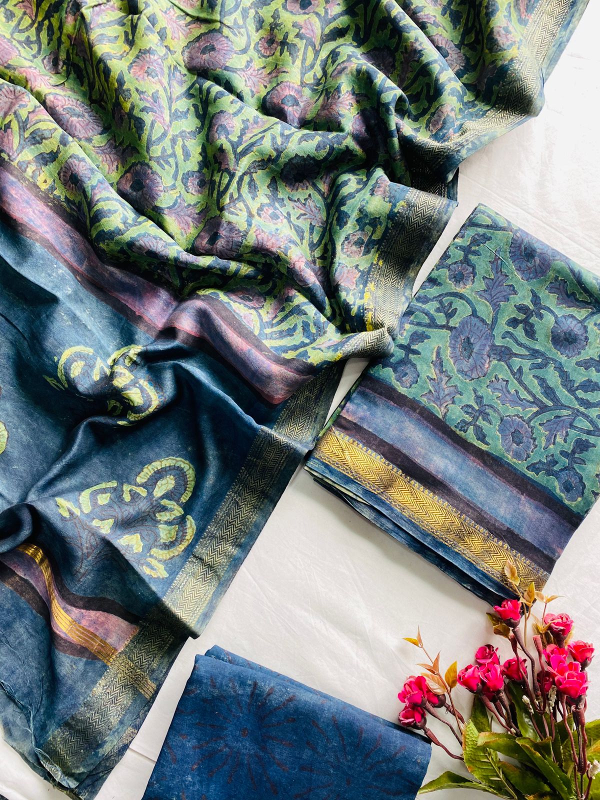 Elegant Maheshwari Suit Set with Natural Dye Ajrakh Print, Top Bottom & Dupatta