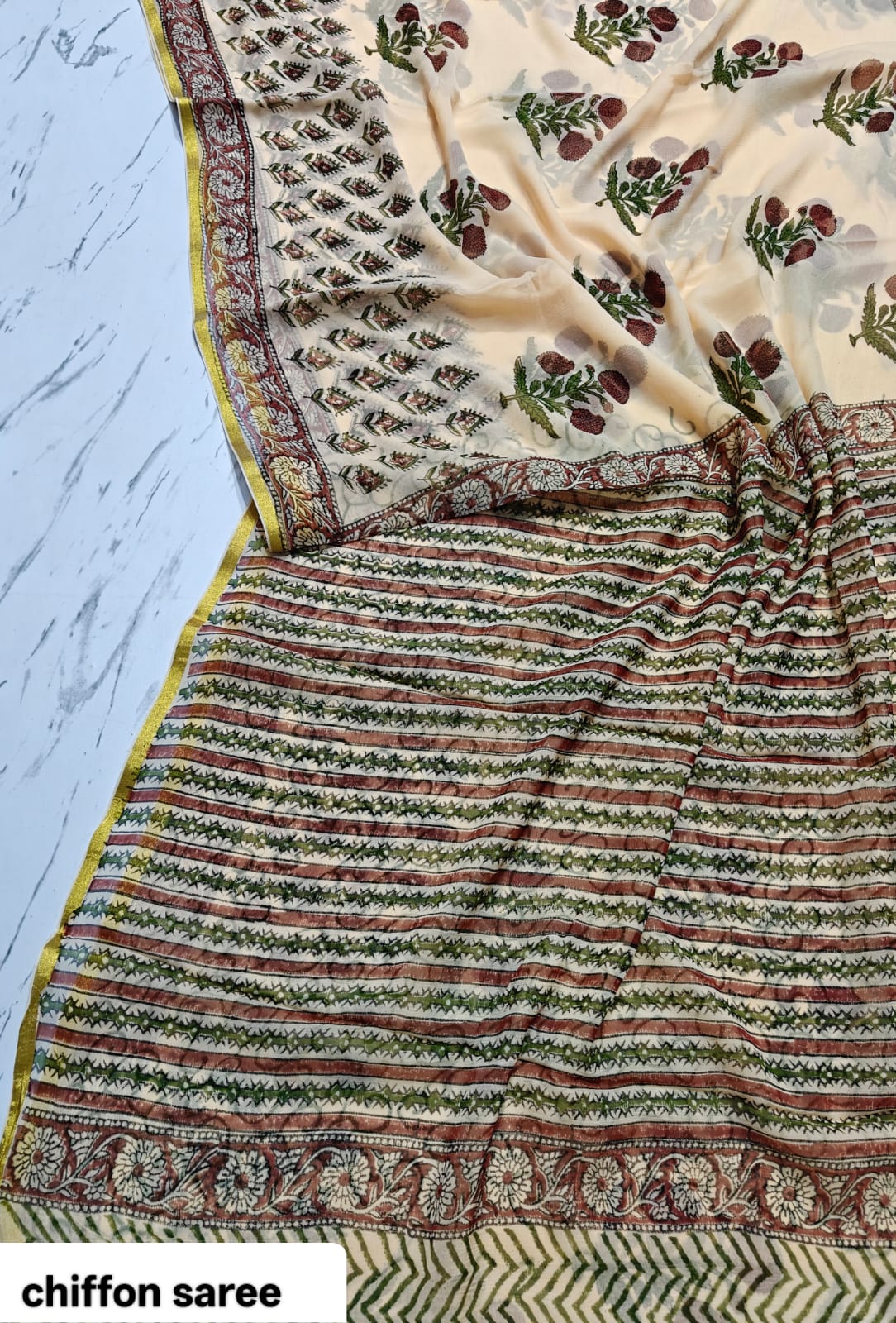 Double Diamond Chiffon Saree – Pure Hand Block Printed Elegant Party Wear Saree