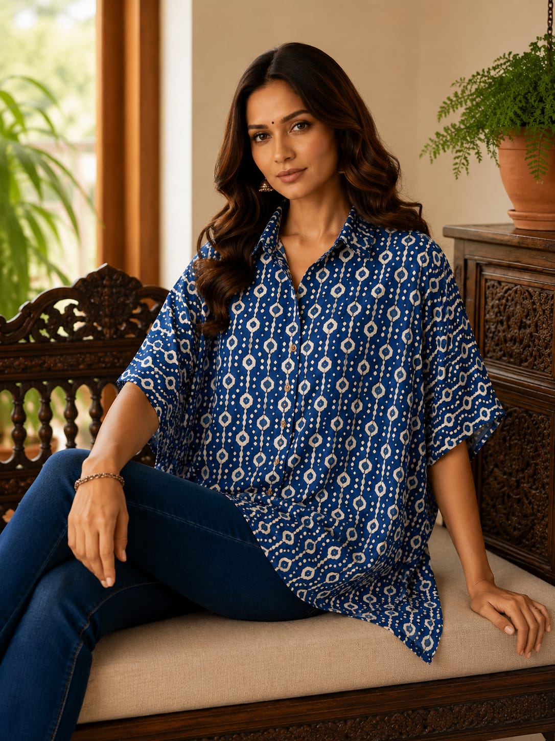 Women's Wooden Button Cotton Kaftan Shirt