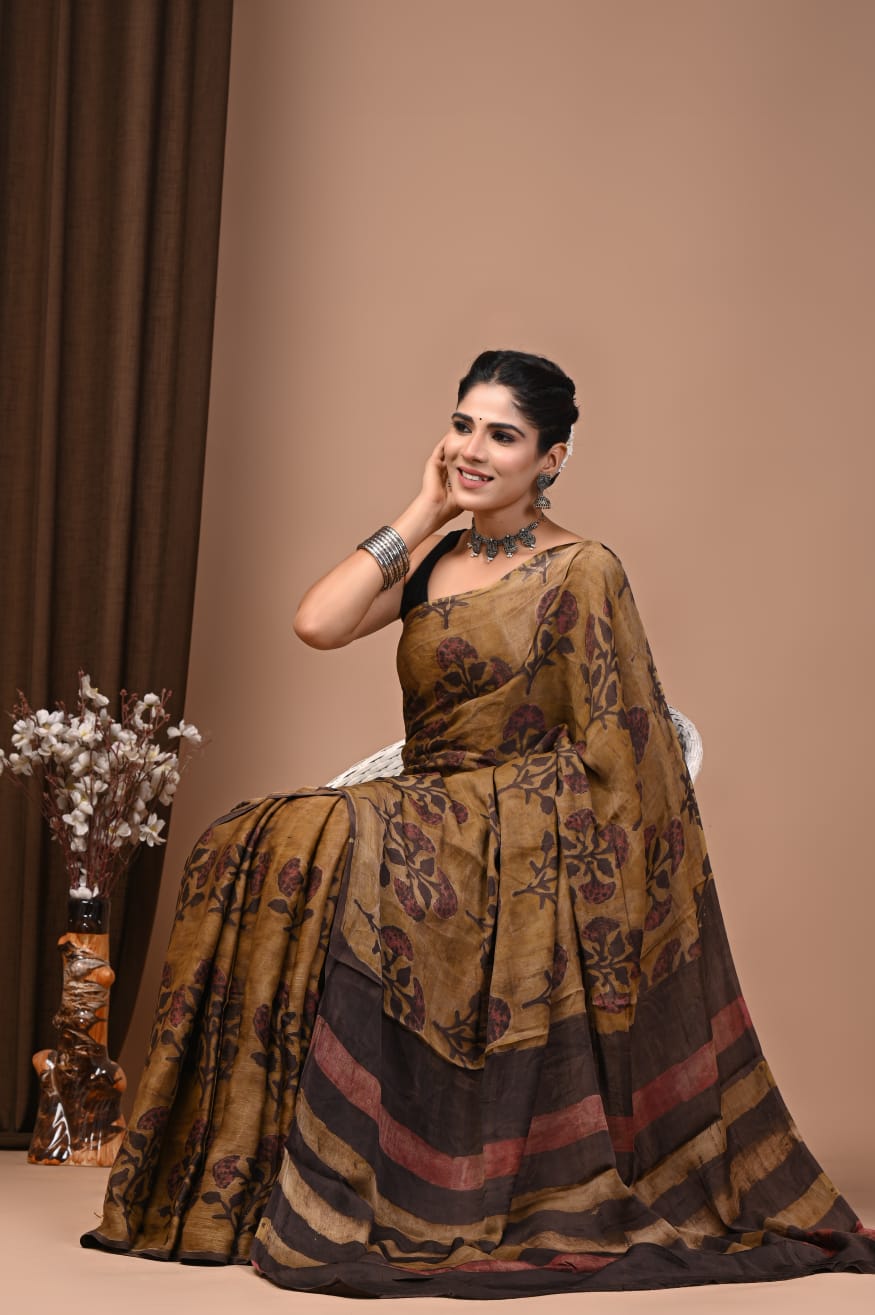 Pomegranate Dye Ajrakh Modal Silk Saree