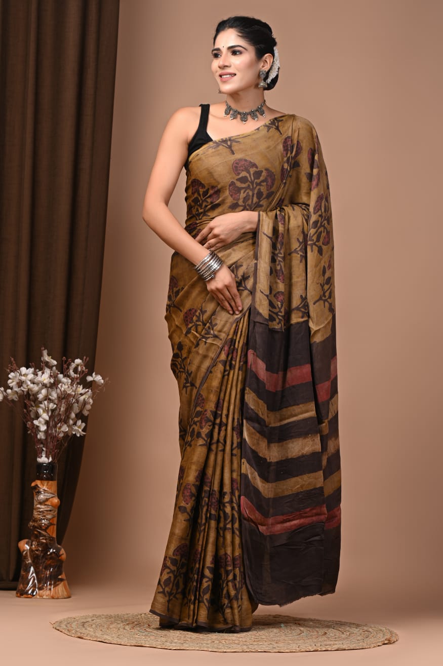 Pomegranate Dye Ajrakh Modal Silk Saree