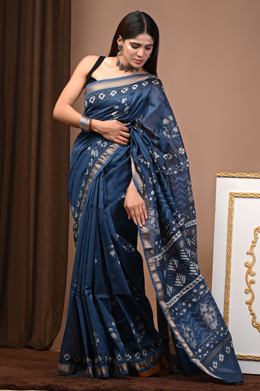Premium Hand Block pure Maheshwari Silk Saree