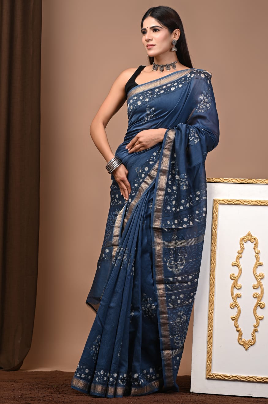 Premium Hand Block pure Maheshwari Silk Saree