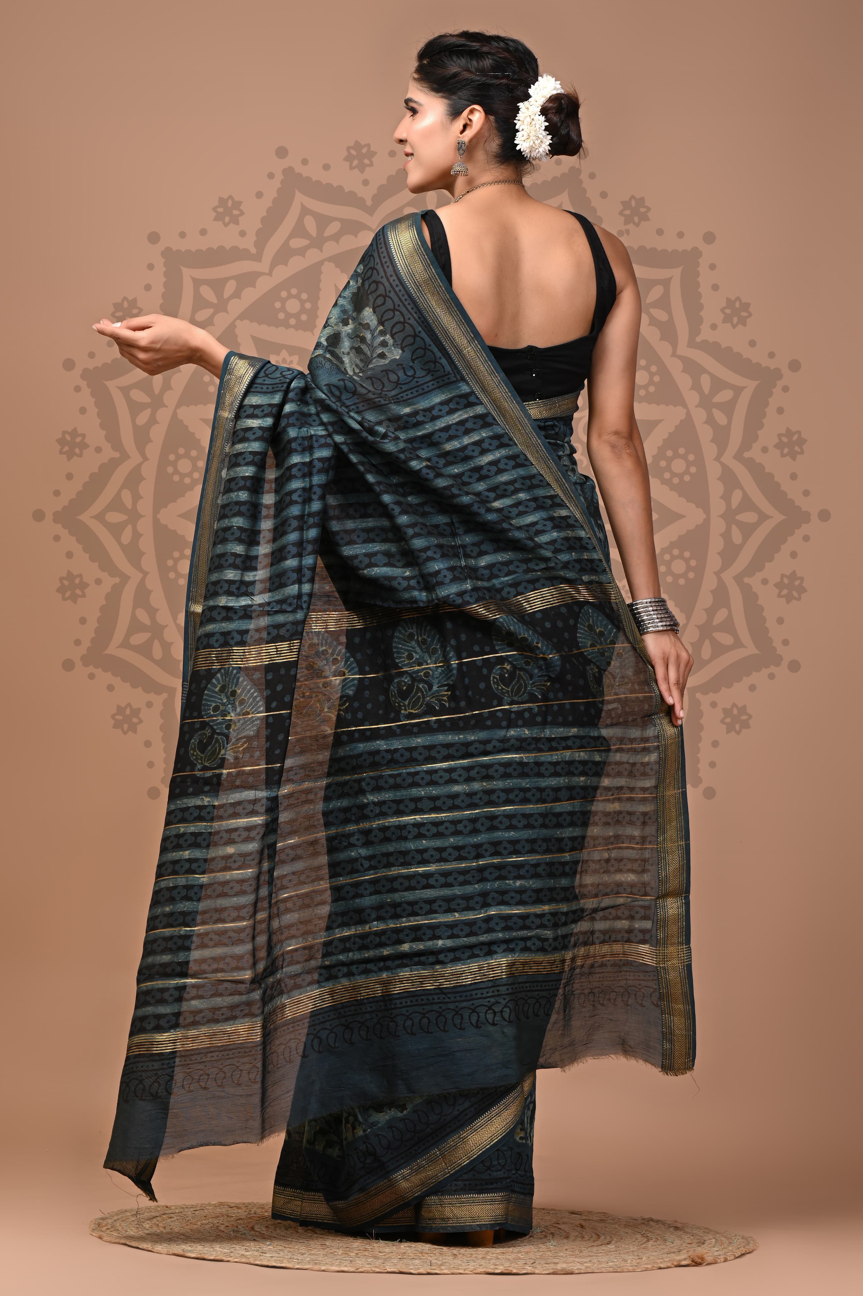 Pure Maheshwari Silk Hand Block Saree