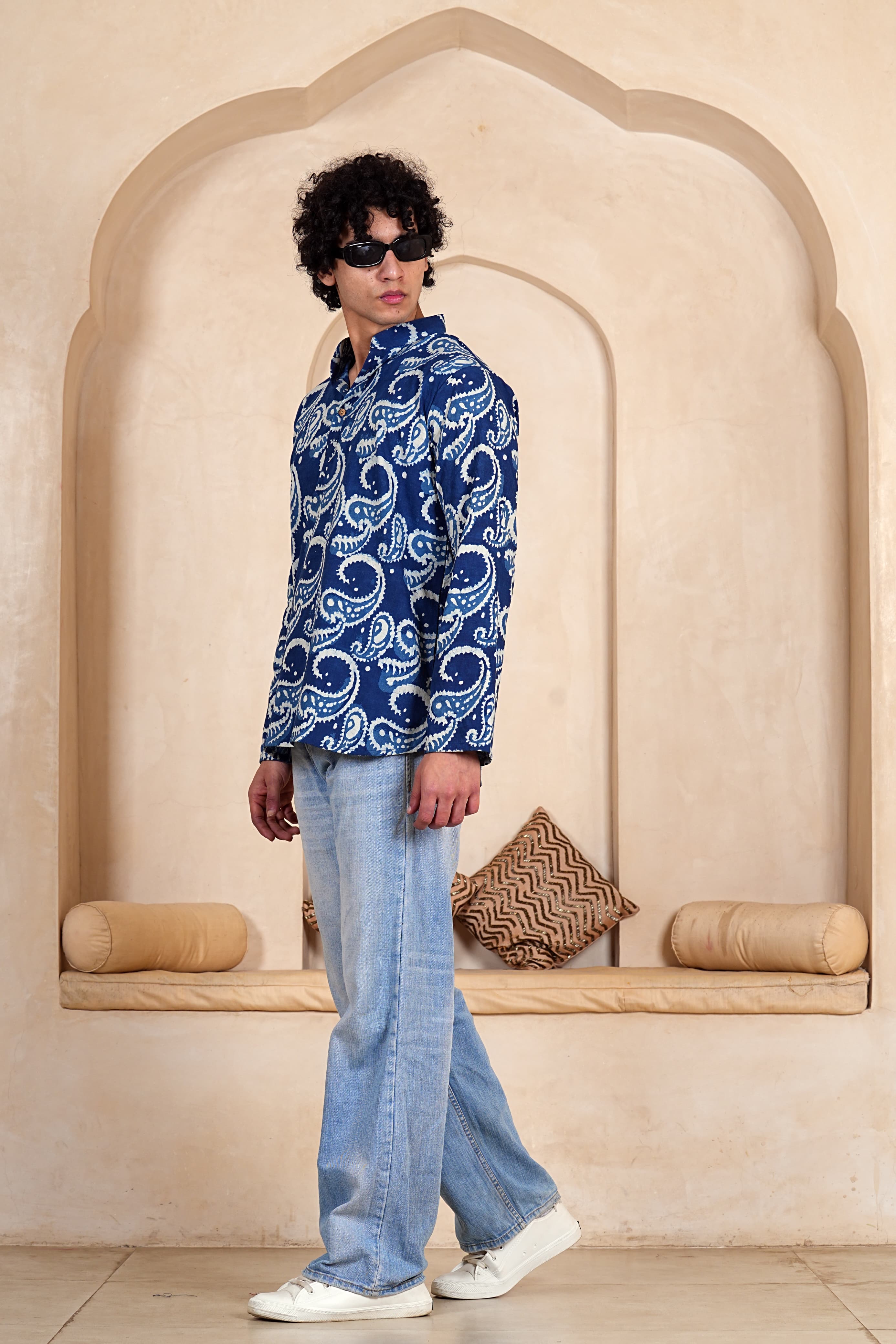 Men's Hand Block Printed Cotton Short Kurta with Wooden Buttons