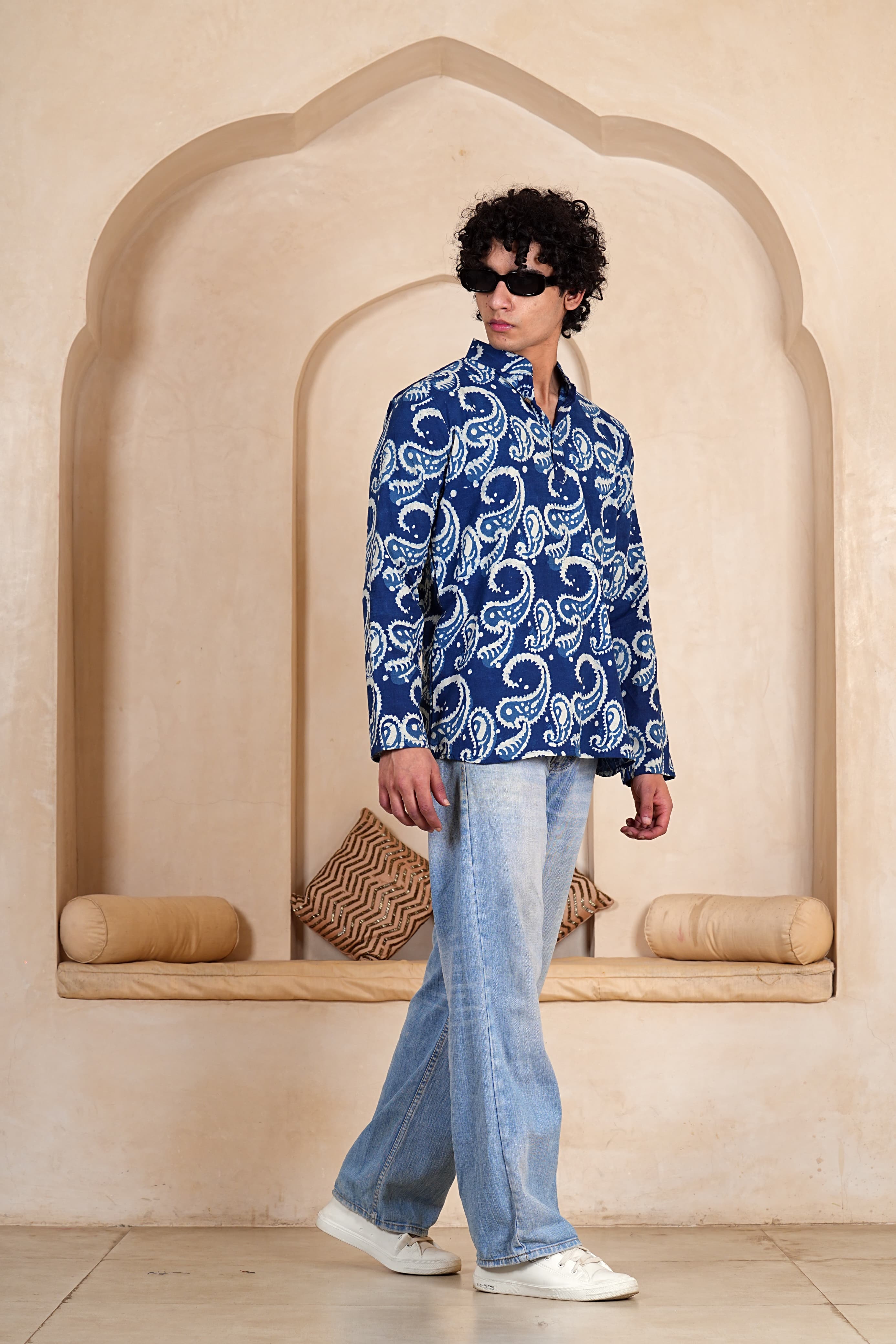 Men's Hand Block Printed Cotton Short Kurta with Wooden Buttons