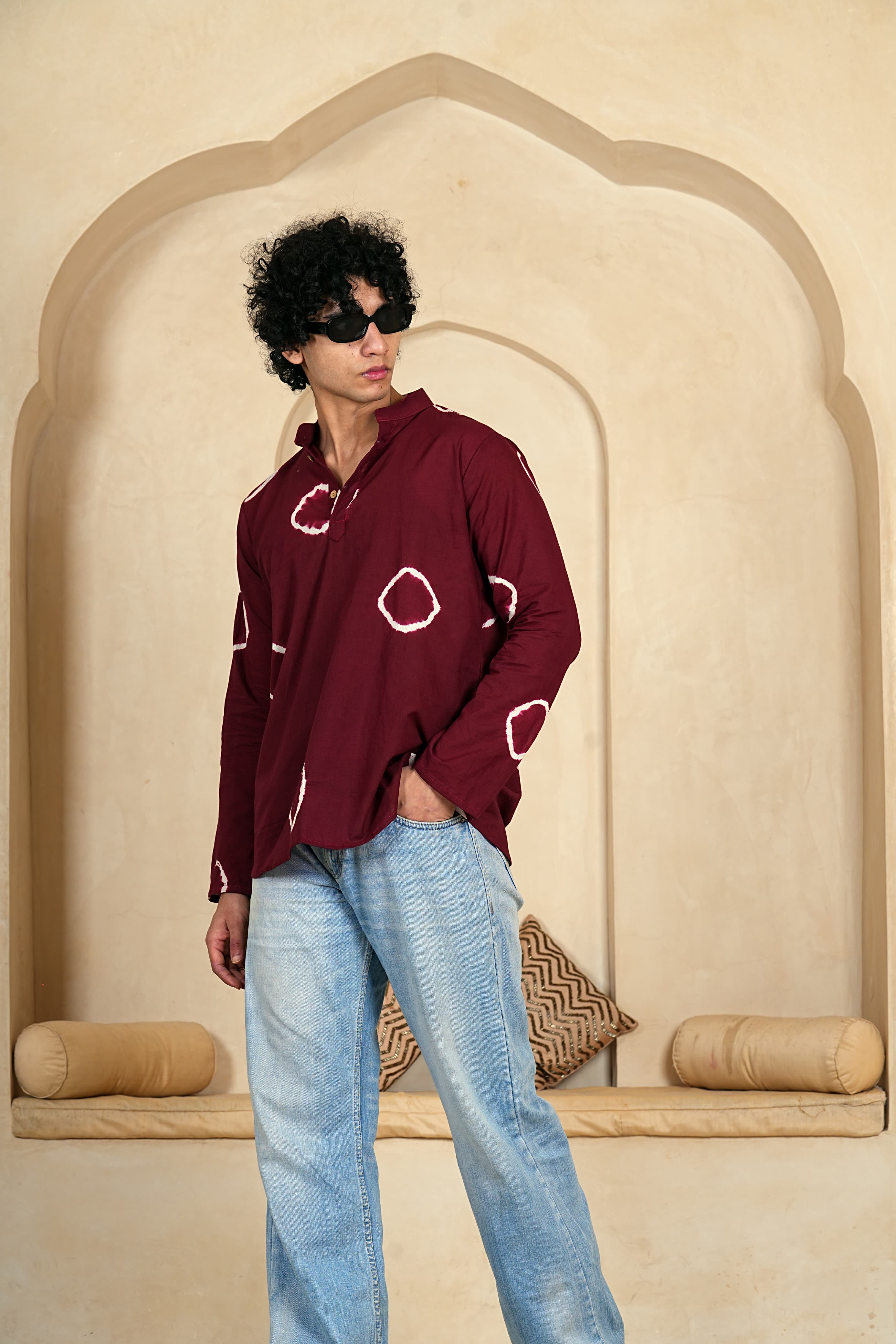 Men's Round Collar Hand Block Printed Cotton Short Kurta