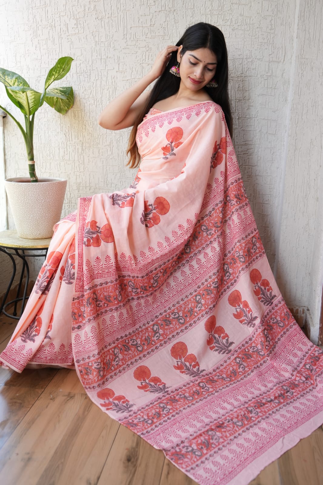 Traditional Rajasthani Bagru Hand Block Cotton Saree