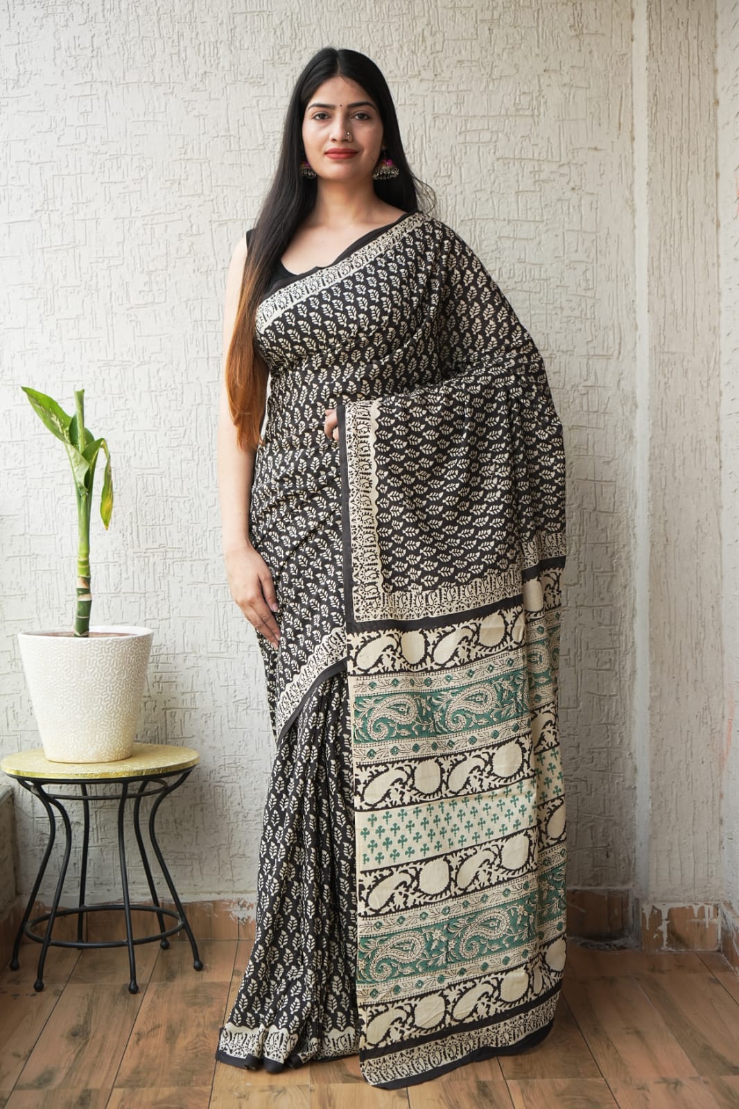 Hand Block Bagru Print Pure Cotton Saree | Natural Dye