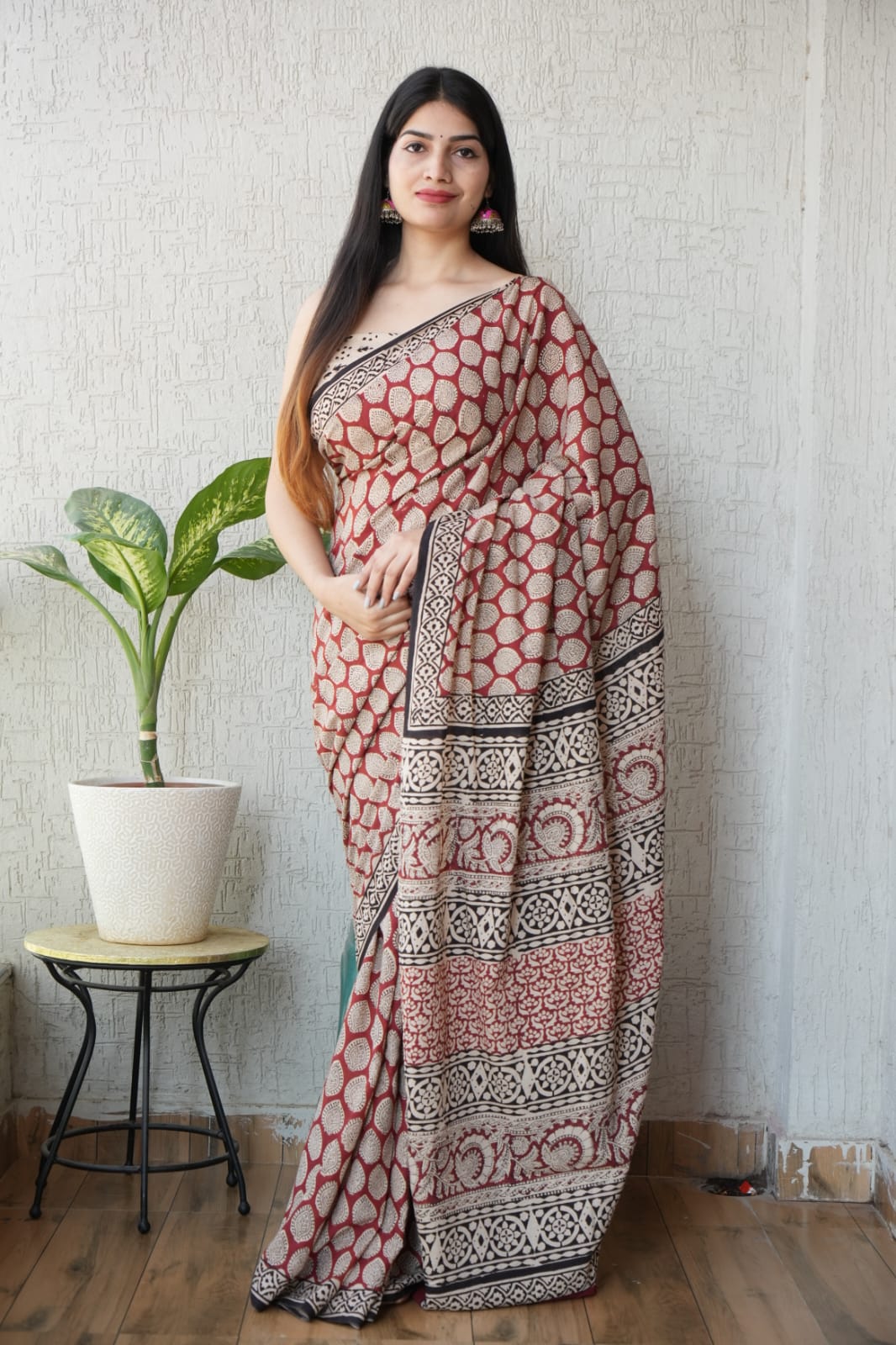 Pure Cotton Bagru Hand Block Printed Saree with Blouse