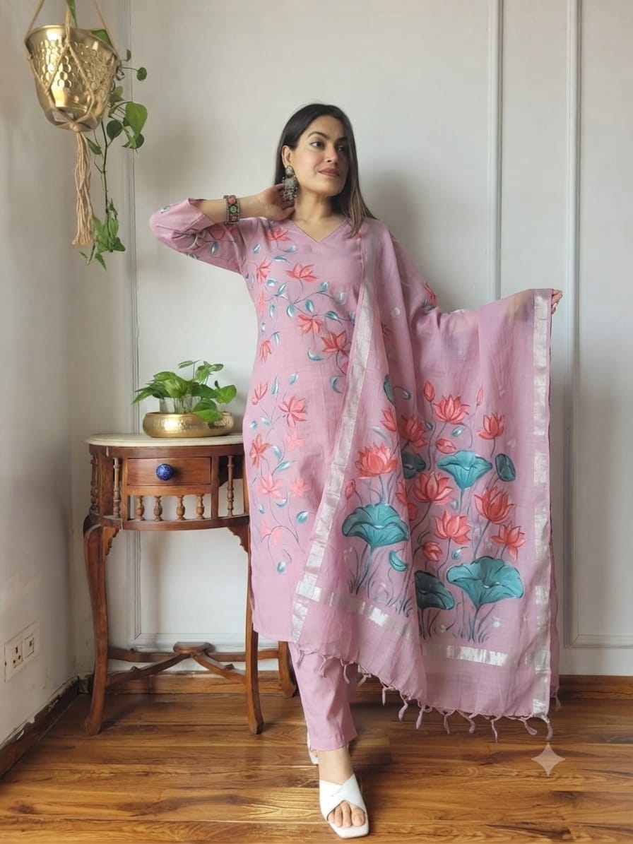 Women's Pure Linen Suit Set with Linen Dupatta