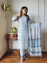 Women's Hand Block Printed Linen Suit Kurta Pant Dupatta Set