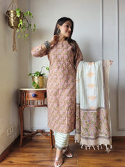 Women's Linen Suit Set | Hand Block Printed Linen Kurta with Dupatta