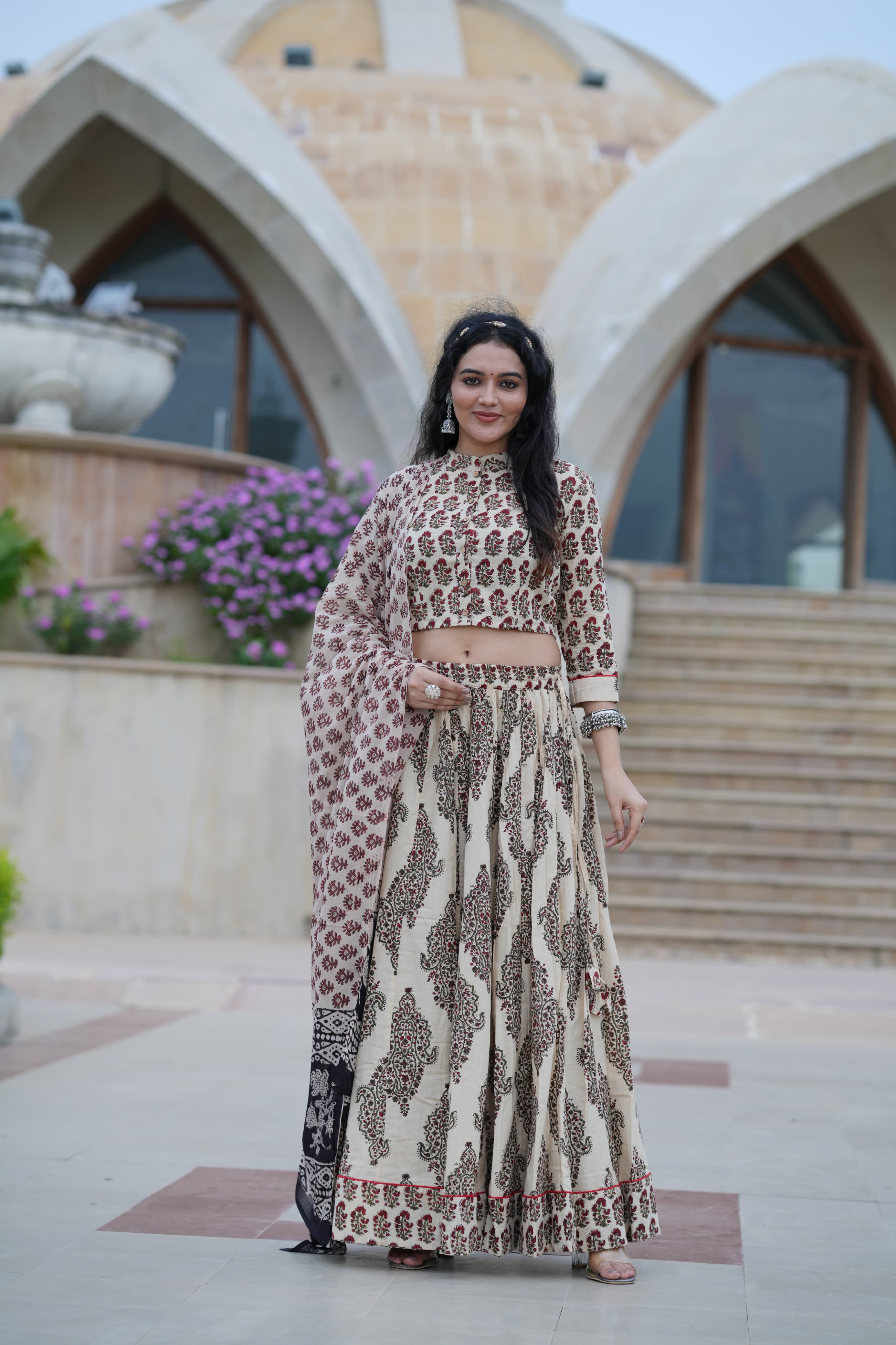 Bagru Hand Block Printed Cotton Lehenga Choli Set with Mulmul Dupatta