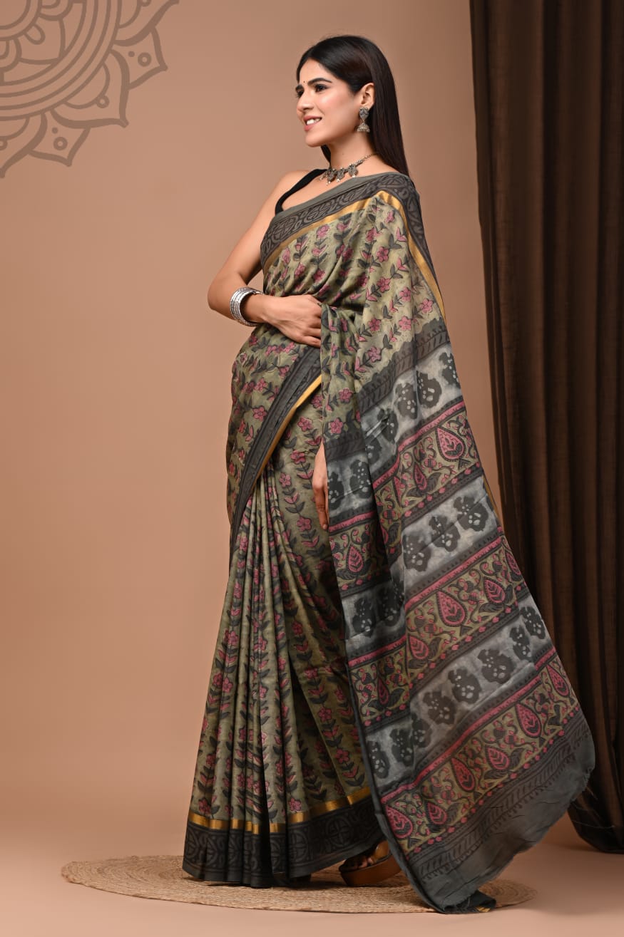 Assam Silk Saree – Elegant Hand Block Print Designer Saree with Blouse