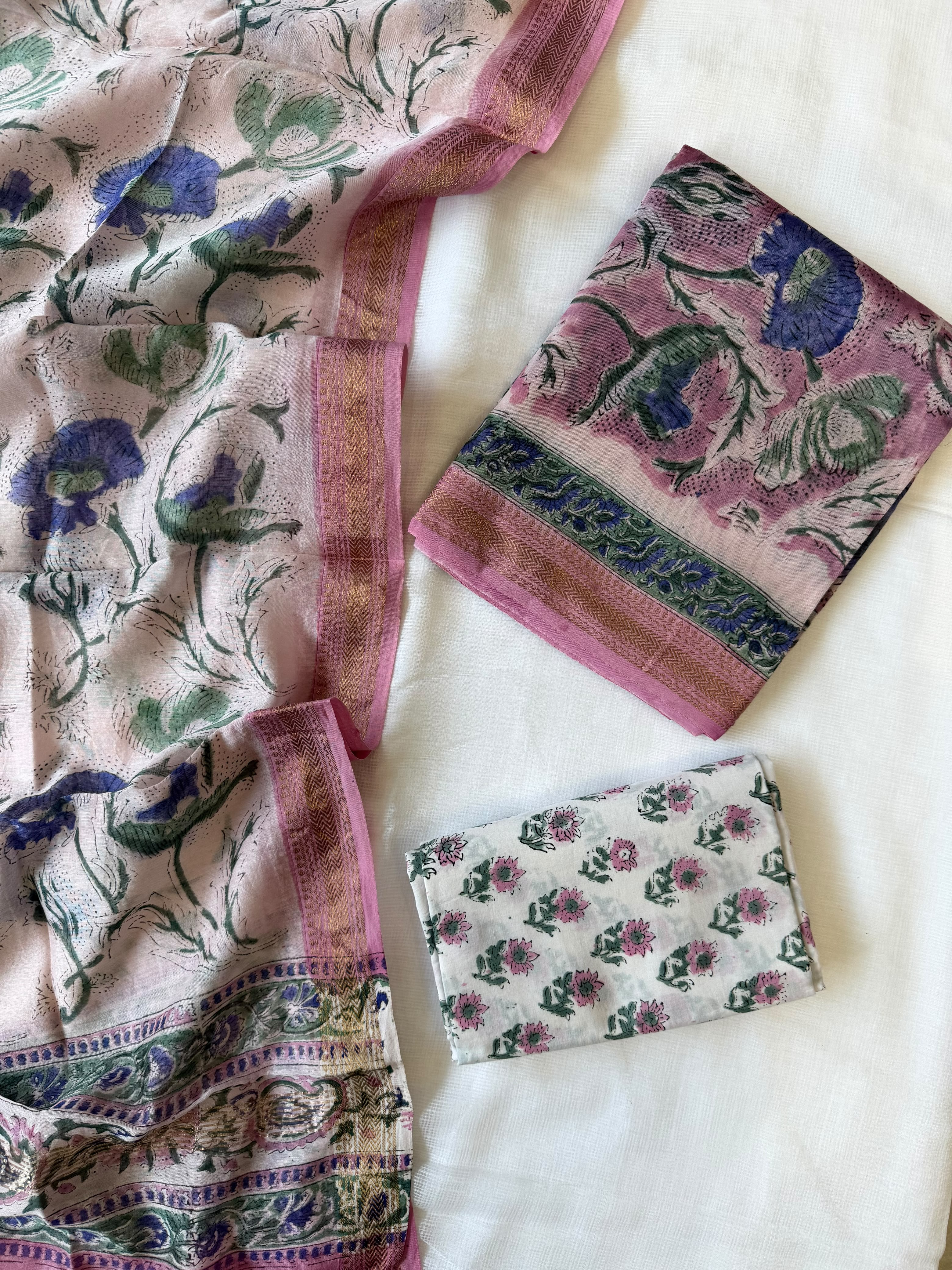Maheshwari Suit | Hand Block Printed Zari Border Suit